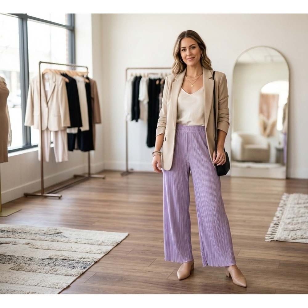Arula Lilac Purple Pleated Wide Leg Pants Elastic Waist Medium ACE60155 NEW